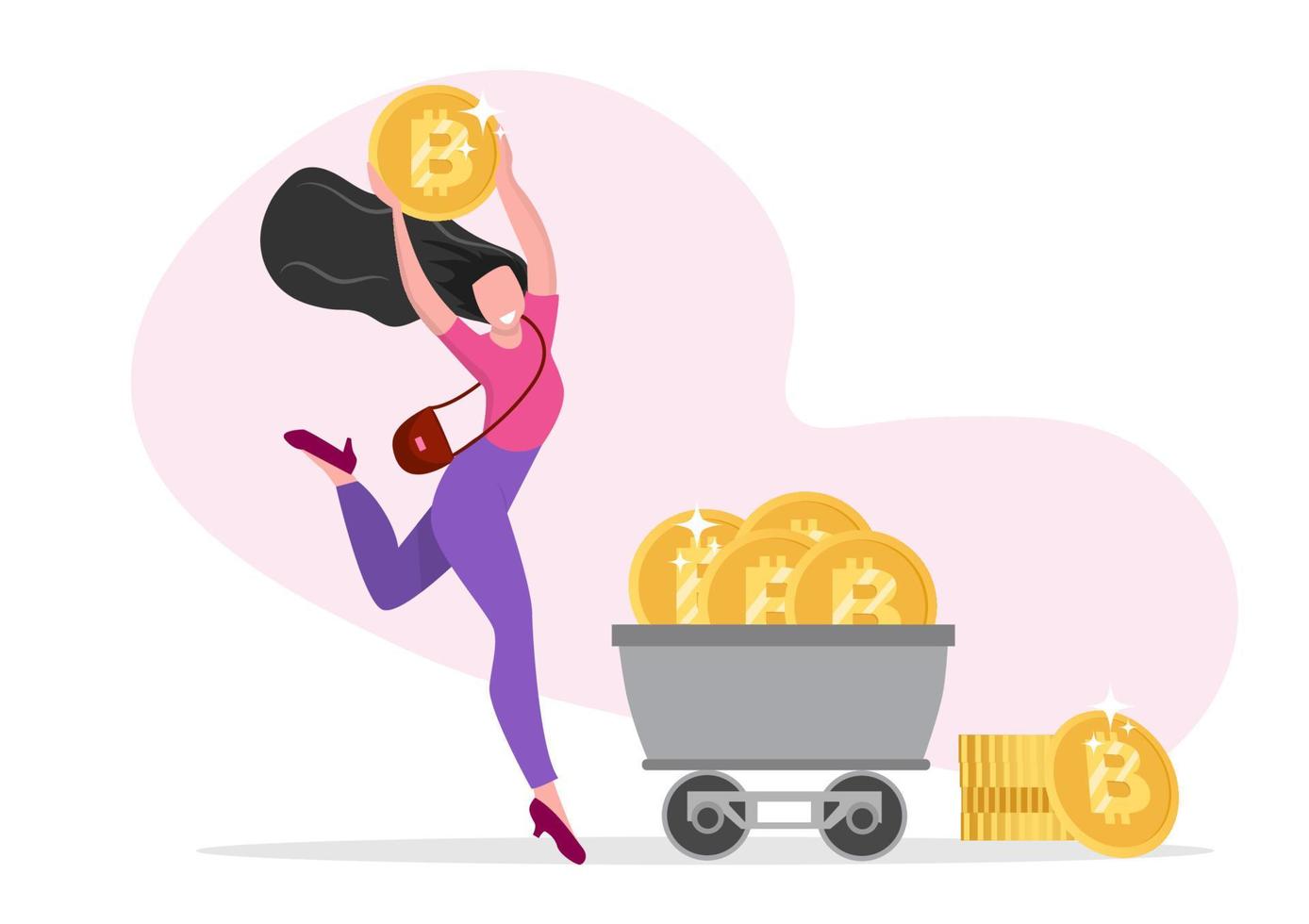 personajes femeninos con símbolos de felicidad, riqueza de bitcoin, tema de moneda criptográfica. vector de ilustración de dibujos animados de estilo plano.