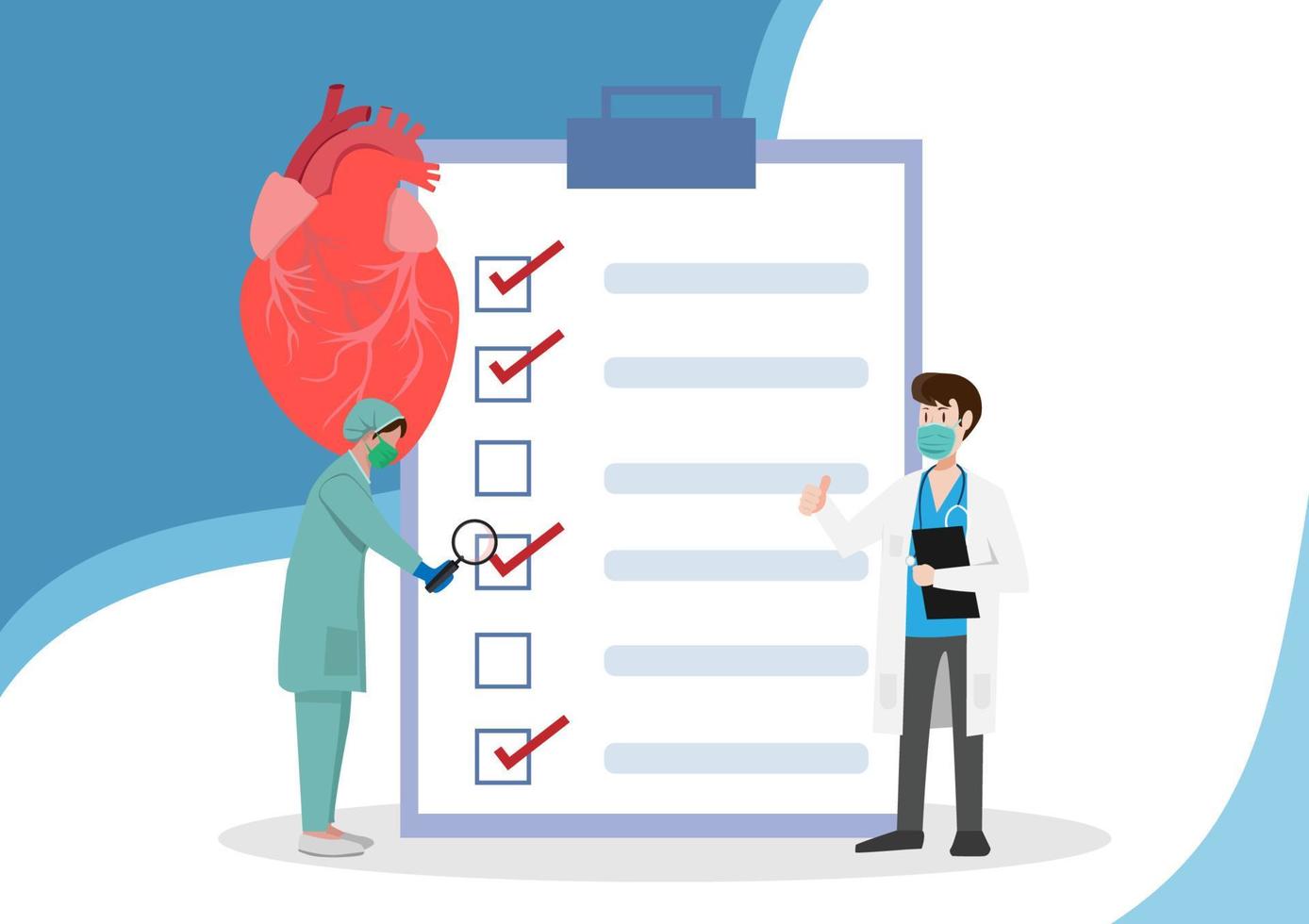 The doctor examines the heart, strength, and internal functioning. ready to show in clipboard flat vector illustration