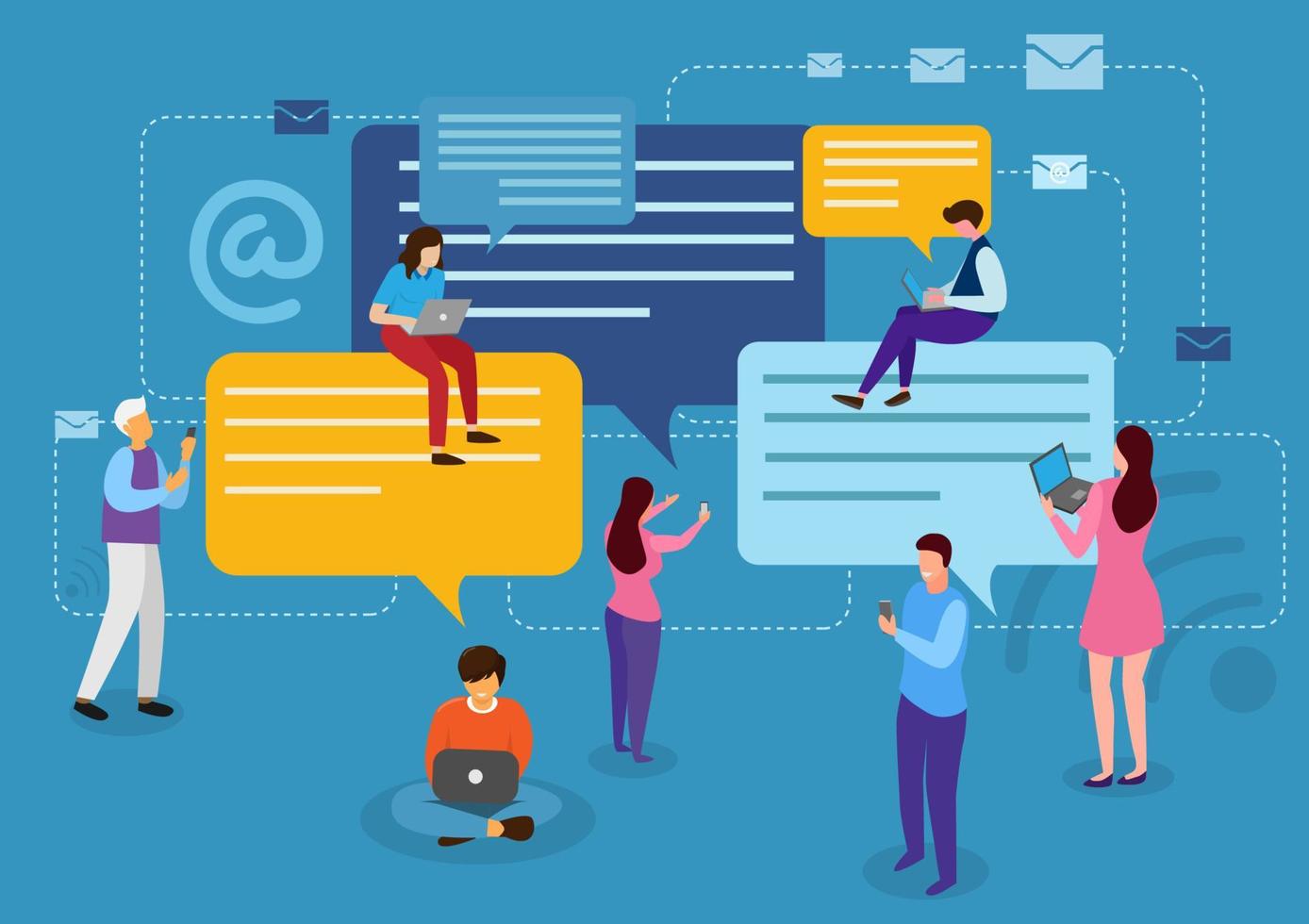 Happy people use a mobile smartphone and laptop to communicate with each other in social networks and instant messengers. Talk on a mobile phone, Flat style cartoon illustration vector