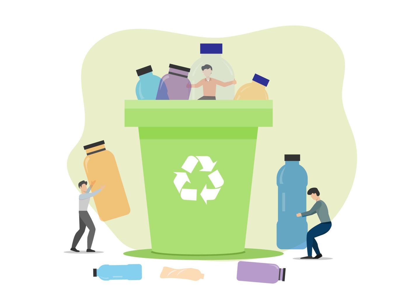 A little male character volunteer throws used bottles into recycling bins for reuse. Concept of plastic recycling vector illustration
