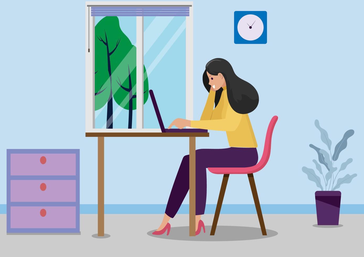 Work from home concept, A woman sitting at desk and work on laptop, stay at home, Quarantine during the Coronavirus Epidemic illustration vector