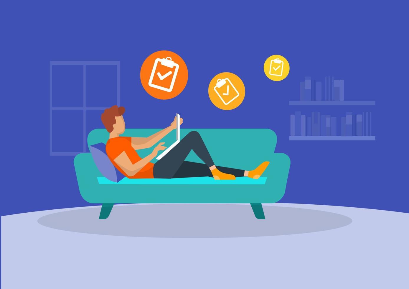 man with laptop on sofa Due to the coronavirus outbreak situation, work from home to stop the outbreak. independent or educational ideas cute illustration in flat style vector