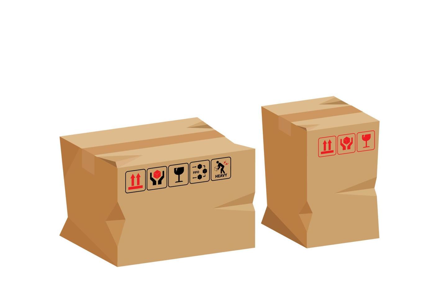 3D damaged crate box. Broken brown cardboard box. Cardboard parcel box. Goods packed. Isolated on white background. flat style cartoon illustration vector