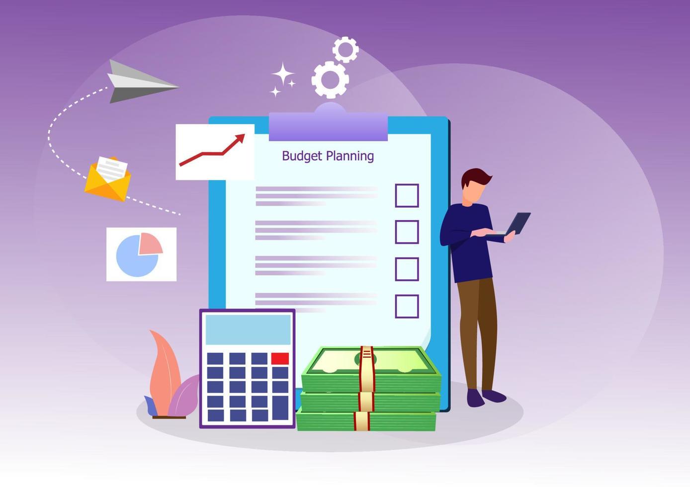 budget planning ideas financial analyst checklist on paper new financial graph data balance sheet of financial reports. Flat style cartoon illustration vector