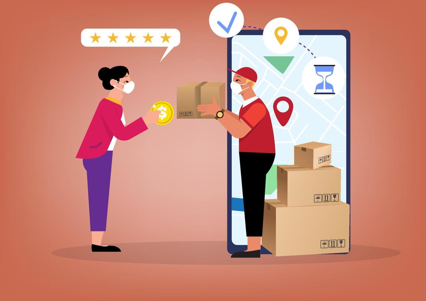 Cash On Delivery service concept, order tracking and evaluate the service 5 stars.  Flat style cartoon illustration vector