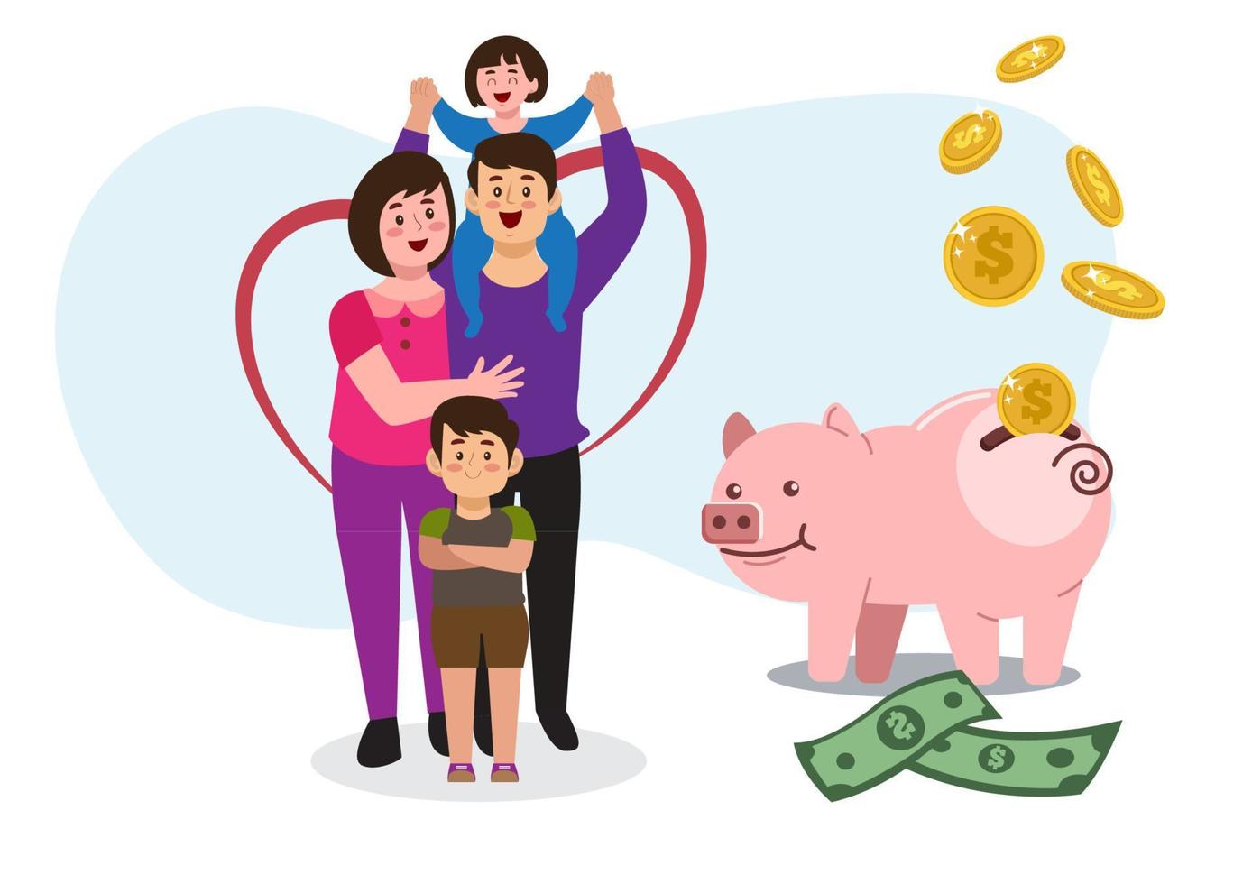 las familias de padres, hijas e hijos se enorgullecen de ahorrar dinero. concepto financiero con hucha. vector de ilustración de dibujos animados de estilo plano