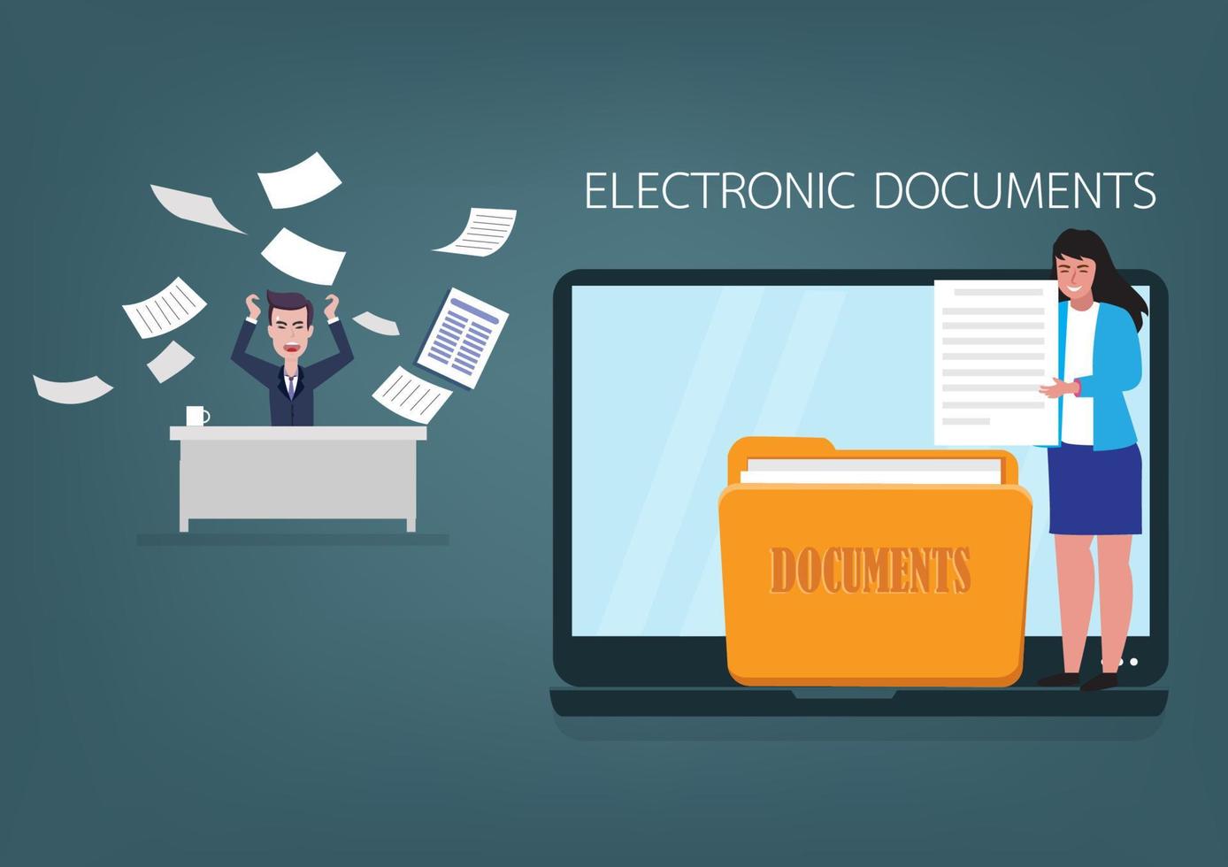 Woman holding documents in folder. Electronic document concept. storage cloud computing service with male staff who used to keep documents difficult to find vector illustration