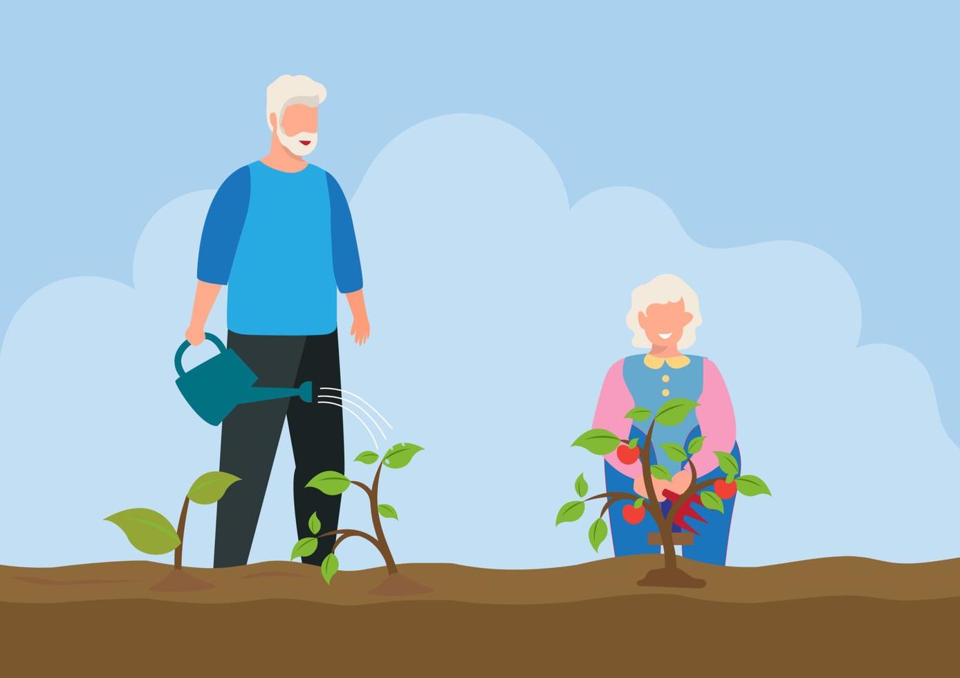 una pareja de ancianos se ocupa de su horticultura regando, paleando, deshierbando y vendiendo sus productos después de la jubilación. ilustración vectorial de dibujos animados de estilo plano vector