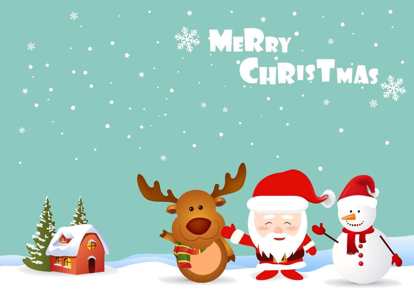 merry christmas with santa claus reindeer and snowman flat style cartoon vector illustration