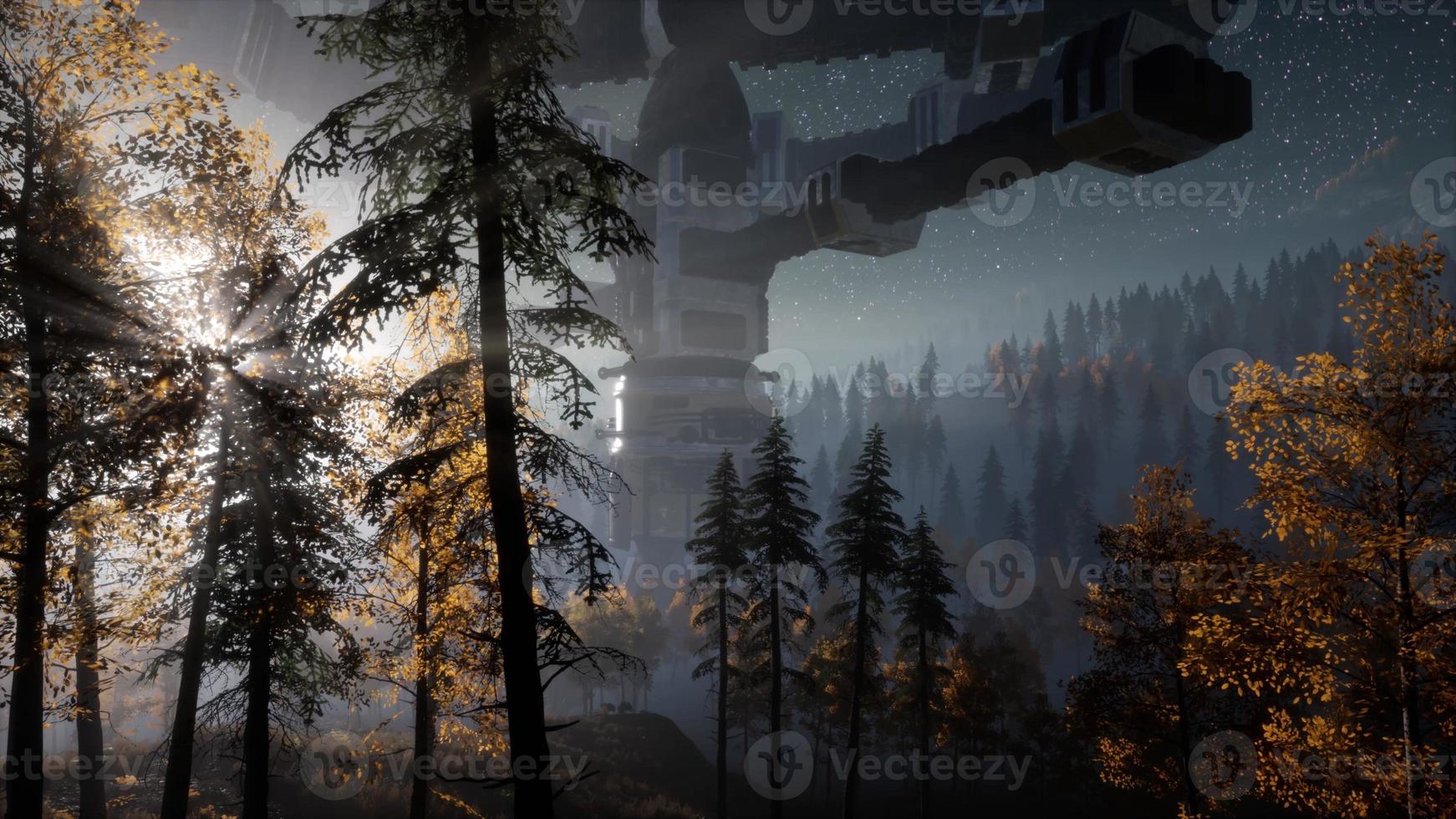 UFO hovering over a forest at night with light beam photo