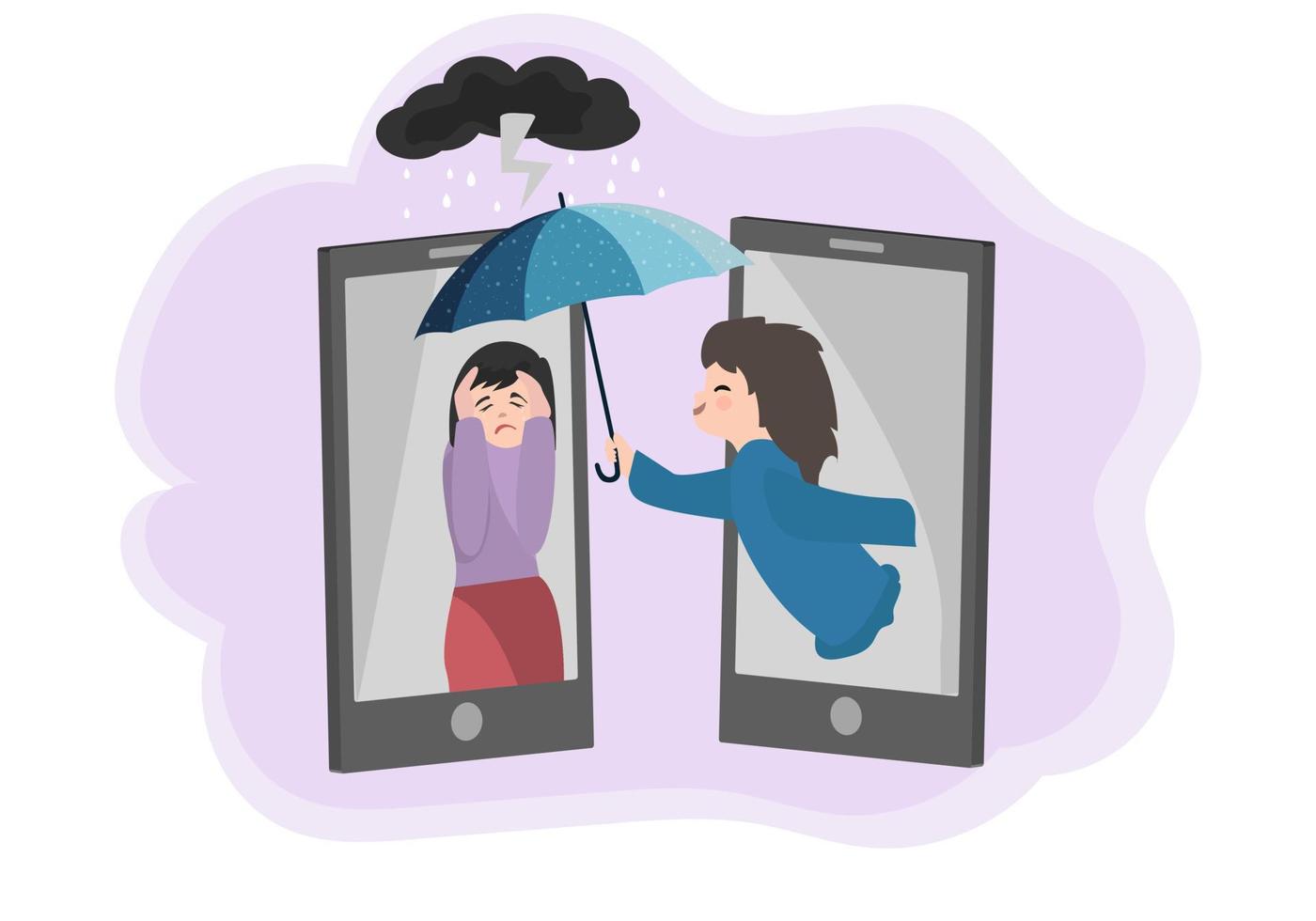 The young woman, she was sad, her friend consoled her. Via smartphone vector