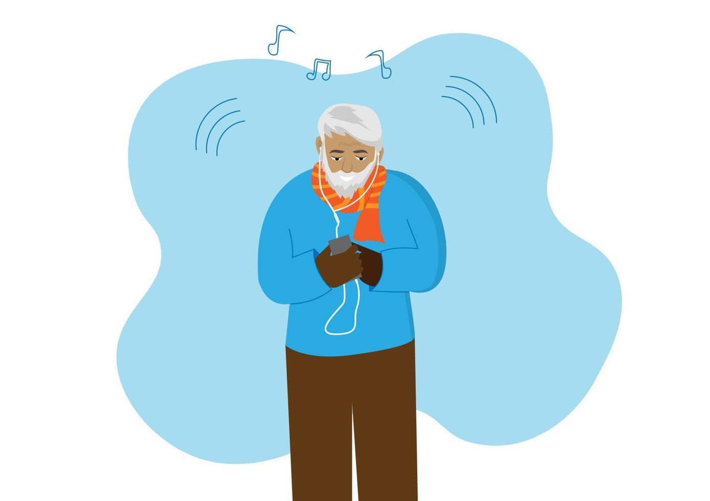 Old man, he listened to music on his high-tech phone with headphones. vector