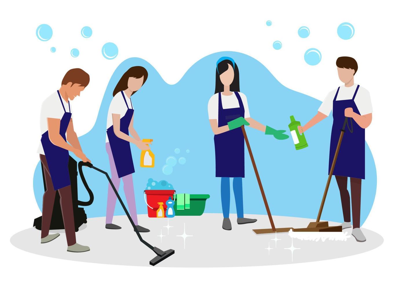 A team from a cleaning company is mixing cleaning solutions to kill germs. vector