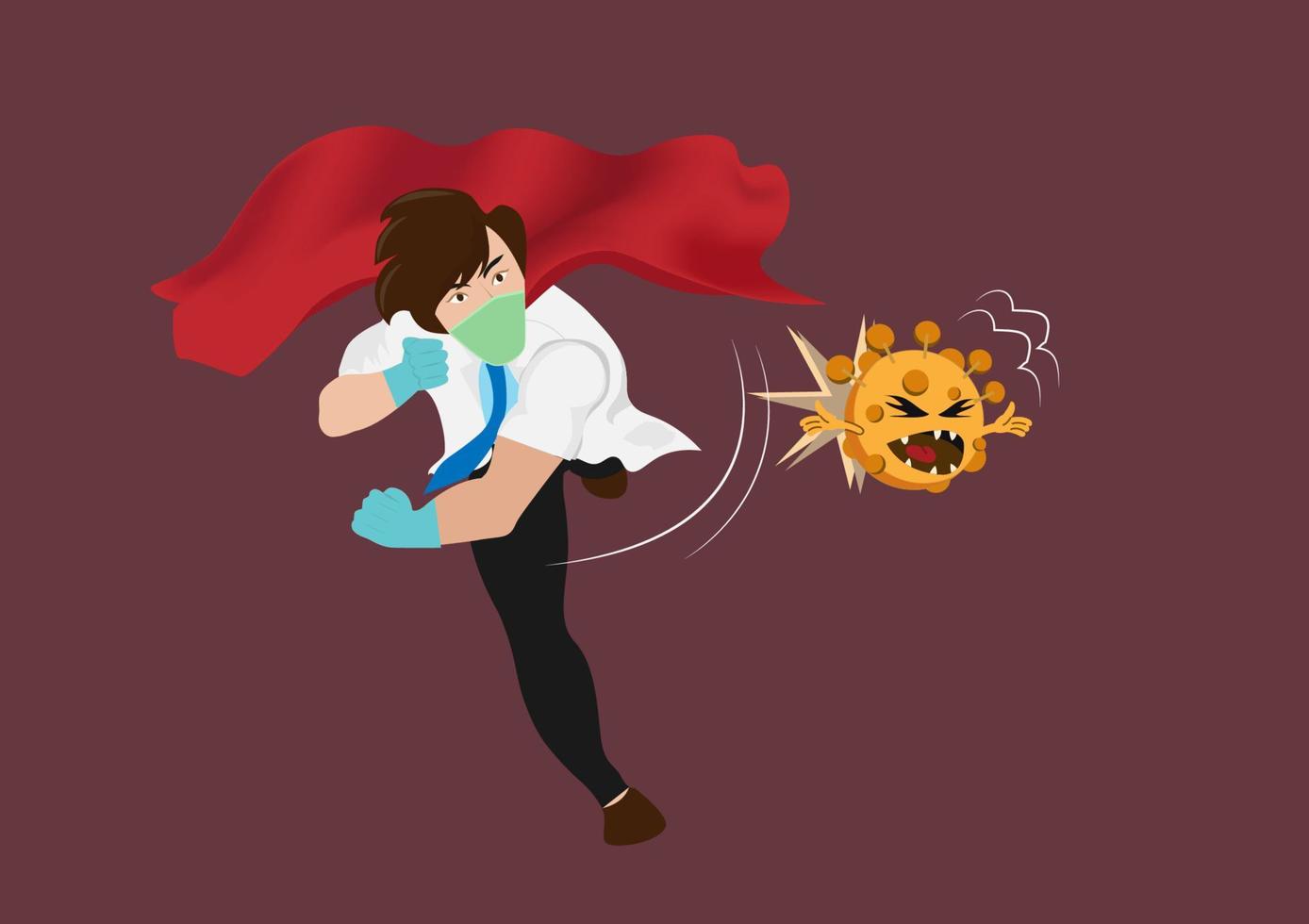 Doctor Hero in a Red Cloak Stands on the Protection Against Viruses. Vector Flat Cartoon Illustration.