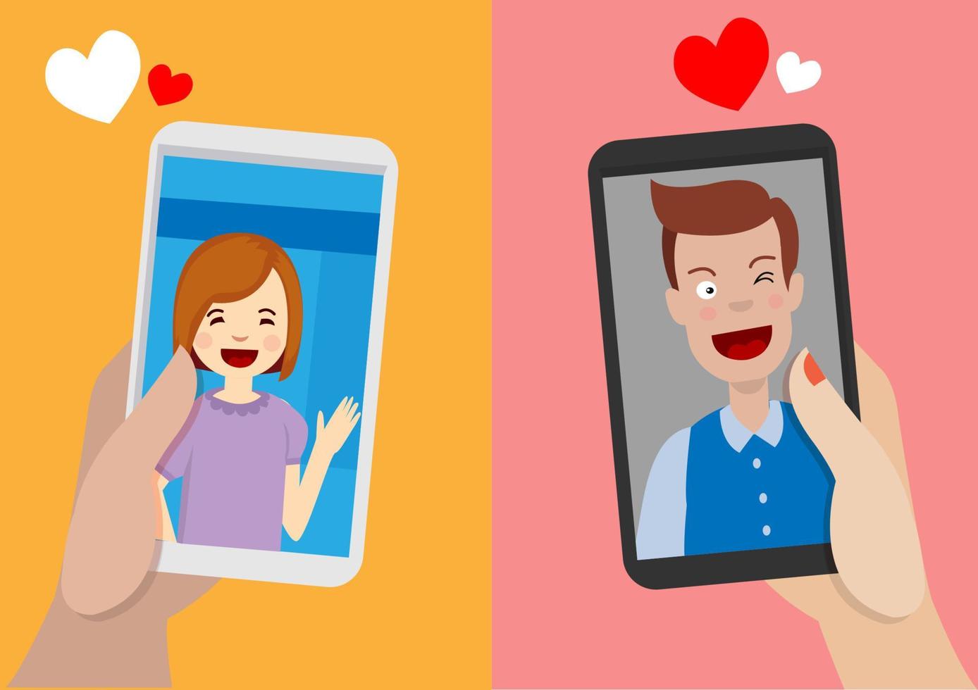 Long distance relationship and communication Couple chatting through video call on smartphone, flat style vector