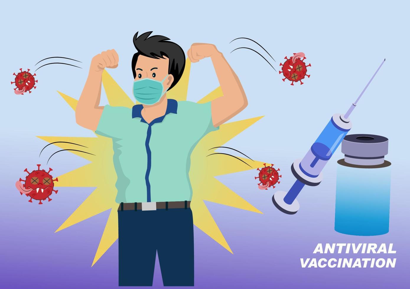 Humans or people are fighting the red corona or COVID-19 by getting a vaccine against the outbreak. Flat style cartoon illustration vector