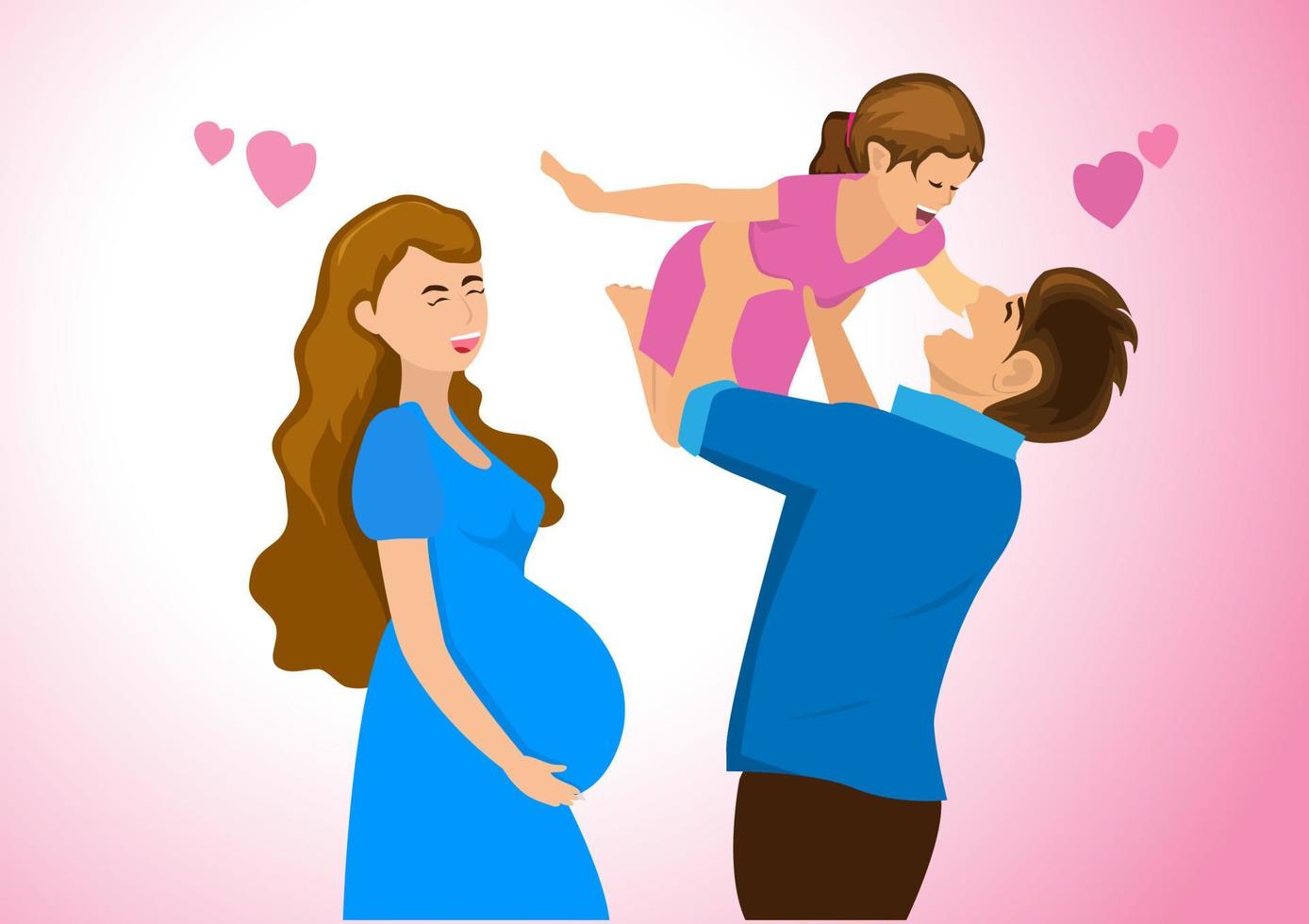 familia feliz en casa padre jugando con hija madre embarazada de pie sonriendo felizmente seguro. vector de ilustración de dibujos animados de estilo plano