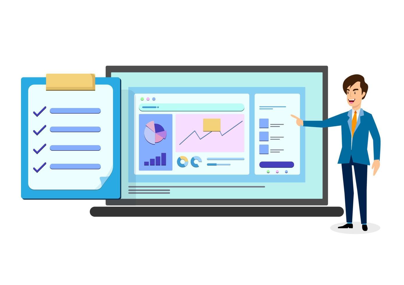 Young businessman showing a diagram on a computer monitor. The clipboard shows the validation of the graphs,   Man's hand pointing at a large screen. Flat style cartoon illustration vector