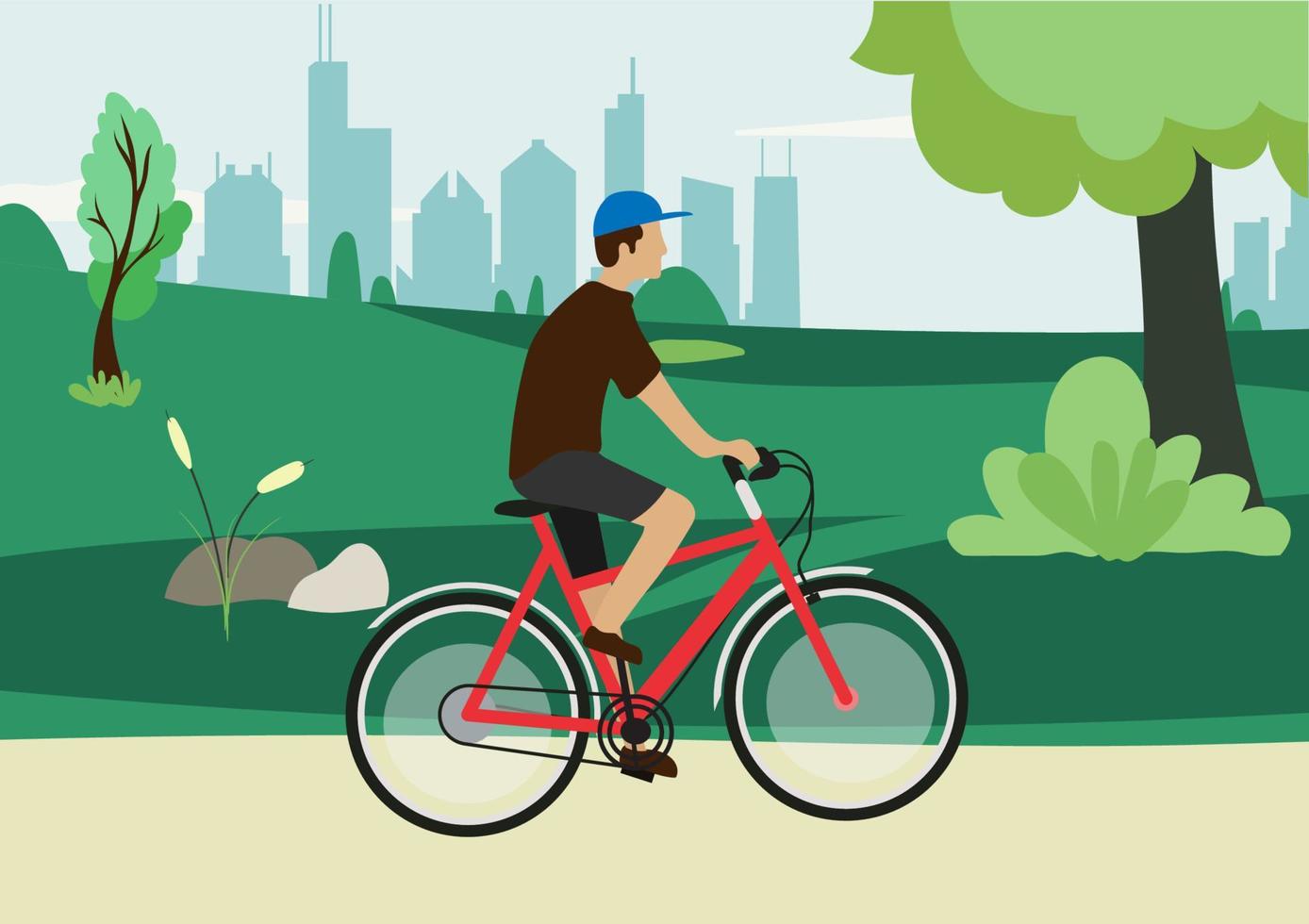 Man on a bike in the park. Healthy lifestyle concept. Sport training. Fitness. Vector illustration. Flat.