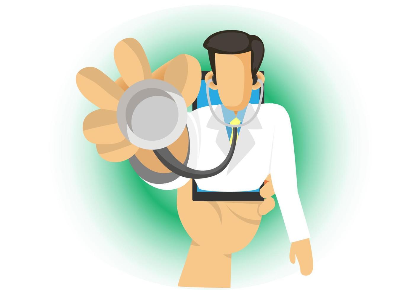 concepto de medicina en línea caricatura mano humana plana sosteniendo un teléfono inteligente con un personaje médico de videollamada en la pantalla usando una aplicación de recomendación móvil o un servicio de consultoría. ilustración vectorial vector