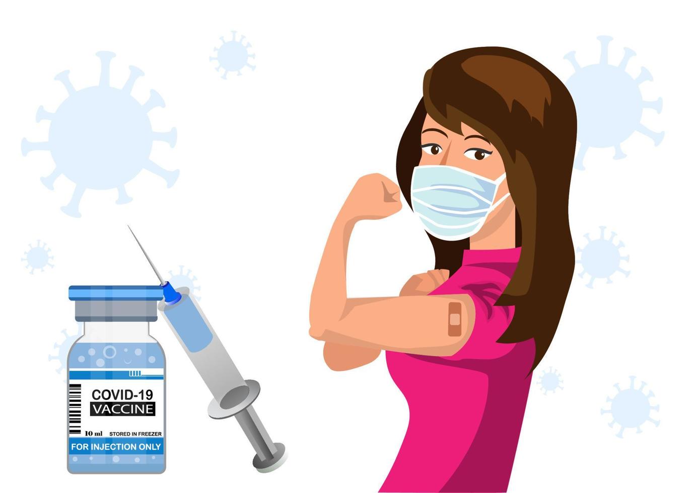 Woman showing coronavirus immunization vaccination arm, vaccine distribution for the general population. Flat style cartoon illustration vector