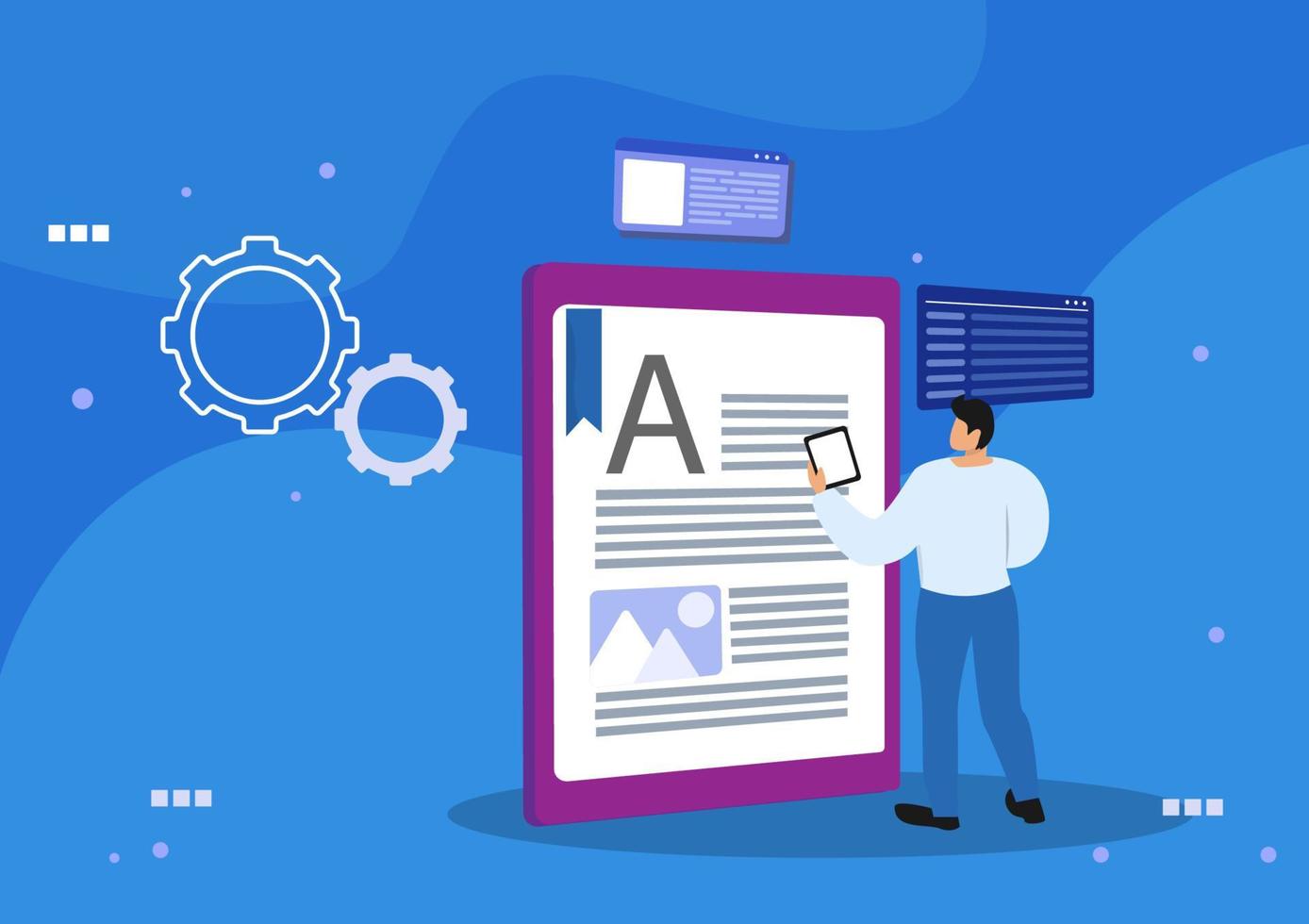 Security and privacy concepts Illustration of a man using a tablet to open documents in e-documant format, flat style, vector