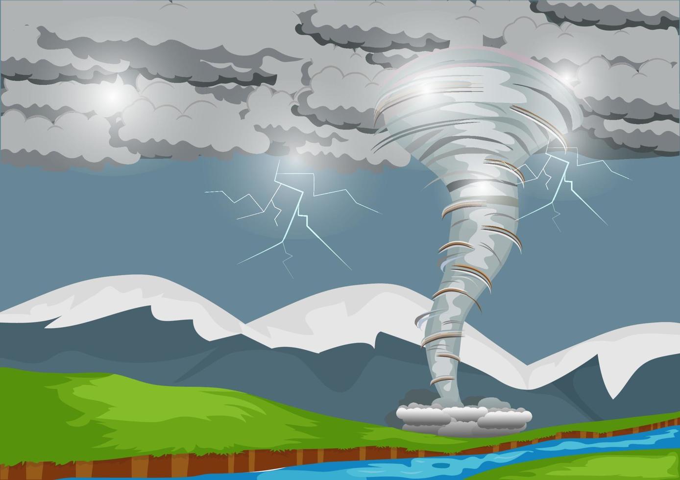 una fuerte tormenta produce un poderoso tornado que barre el campo con placas de rayos. ilustración de paisaje de medios mixtos vector