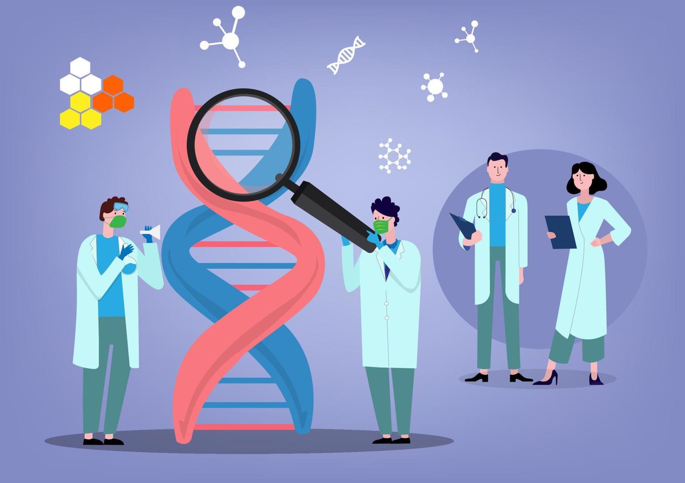 consulta de trabajo médico sobre el carácter del concepto de ilustración vectorial de la ciencia del adn genético grupo de científicos que examinan el adn. concepto de ilustración de vector plano.