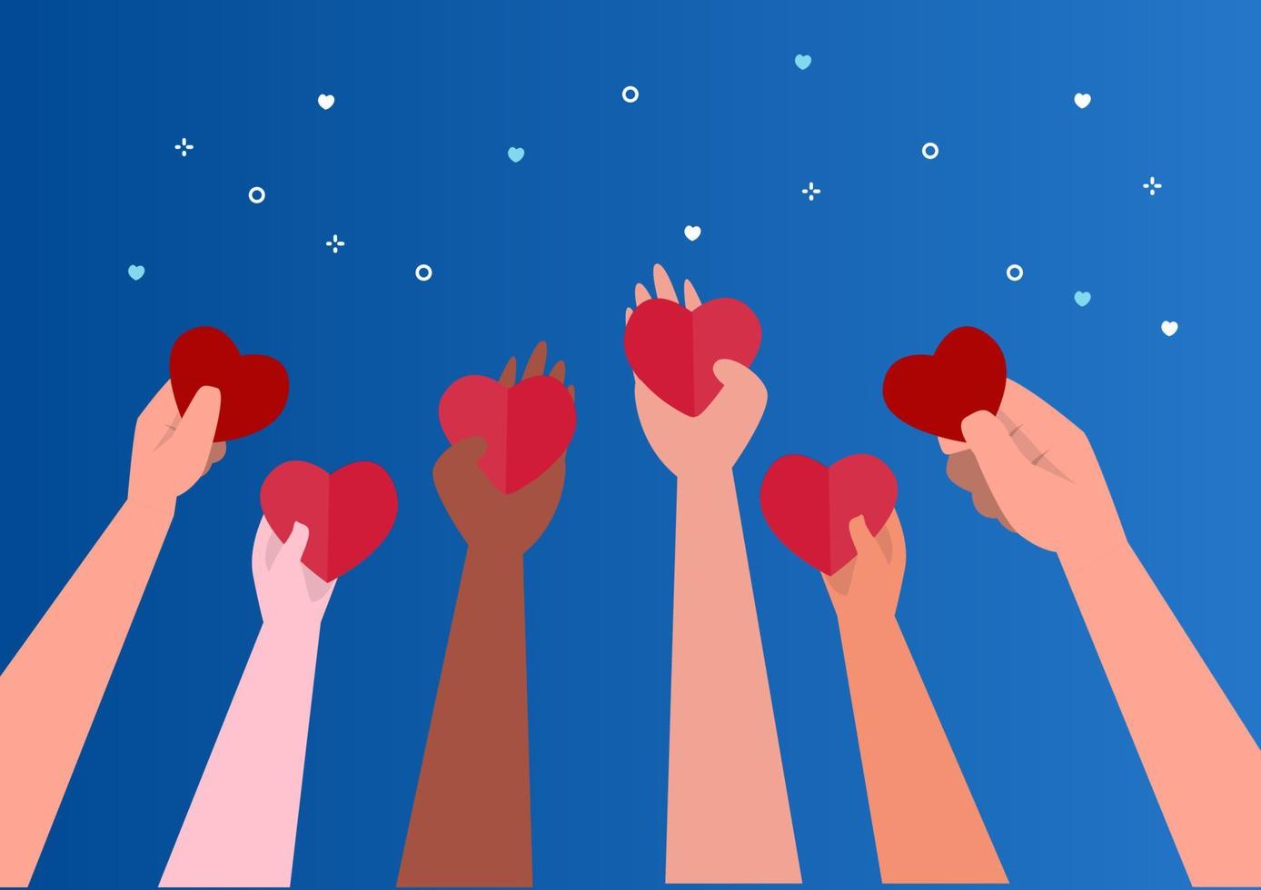 el concepto de caridad y donación de personas de muchas nacionalidades da y comparte tu amor con la gente. mano que sostiene el símbolo del corazón. diseño plano. ilustración vectorial sobre fondo azul. vector