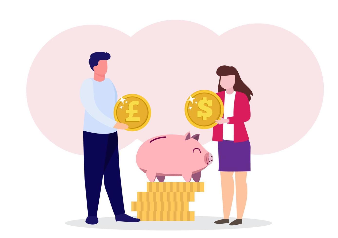 Investment, savings, future financial planning Safe deposit strategy male and female couple characters collect money for marriage flat vector illustration