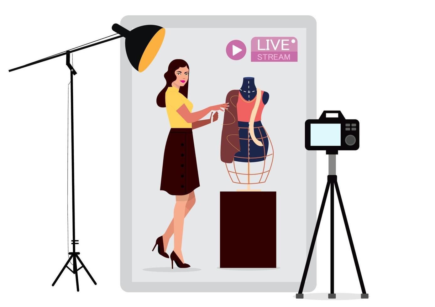 creadora de streaming de personajes femeninos blogger de videos caseros de moda, vlogger de ropa, indumentaria. diseño de ilustración de vector plano de influencers de moda creativos famosos de contenido de compras en línea