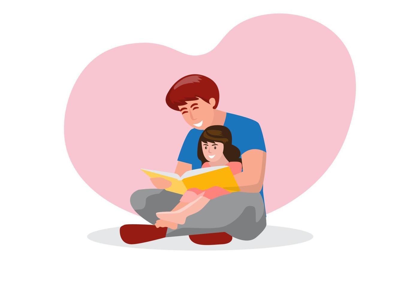 flat style vector illustration of father and daughter reading books together Father tells daughter story family studying together child sitting on father's lap