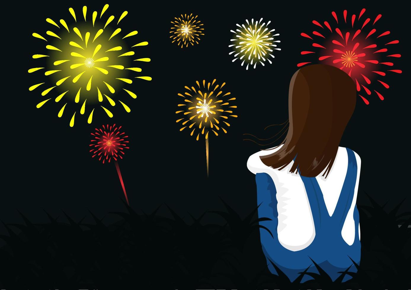 sad woman sitting alone on top of a mountain Watch a fireworks display that is celebrated all over the city. flat style cartoon vector illustration