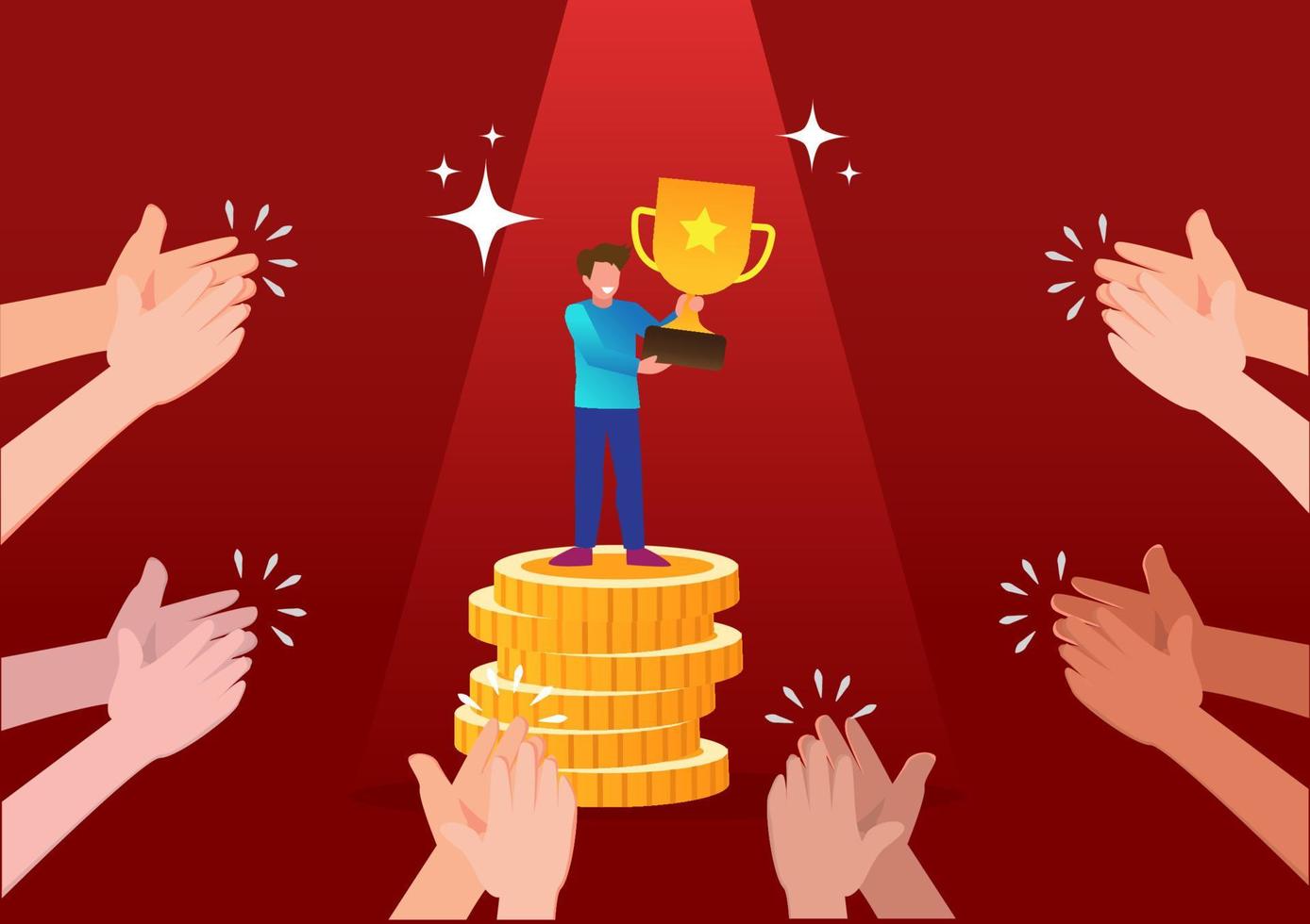 A successful businessman character stands on the podium holding a trophy while people applaud him. Celebrate the award of victory flat style cartoon vector illustration