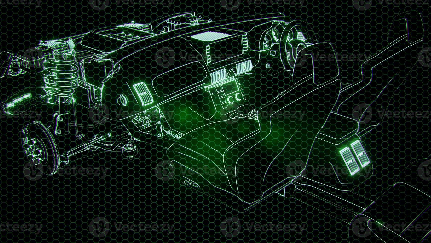 Holographic animation of 3D wireframe car model with engine photo