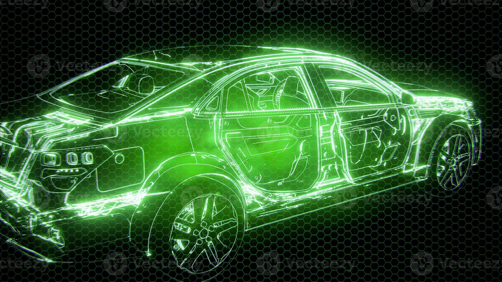 Holographic animation of 3D wireframe car model with engine photo