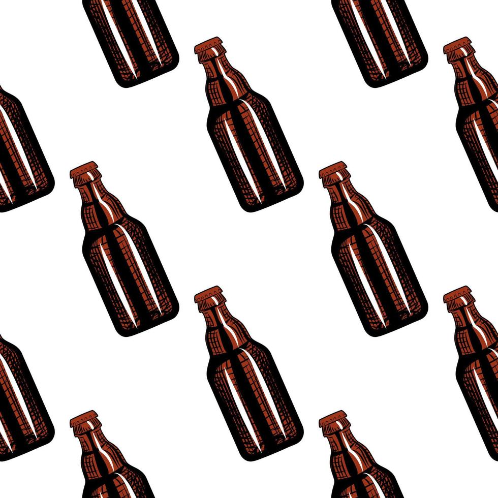 Beer bottles seamless pattern. Engraving style illustration. vector