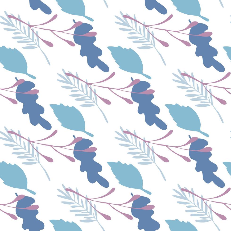 Branches and leaves vector seamless pattern on white background. Green and blue colors.