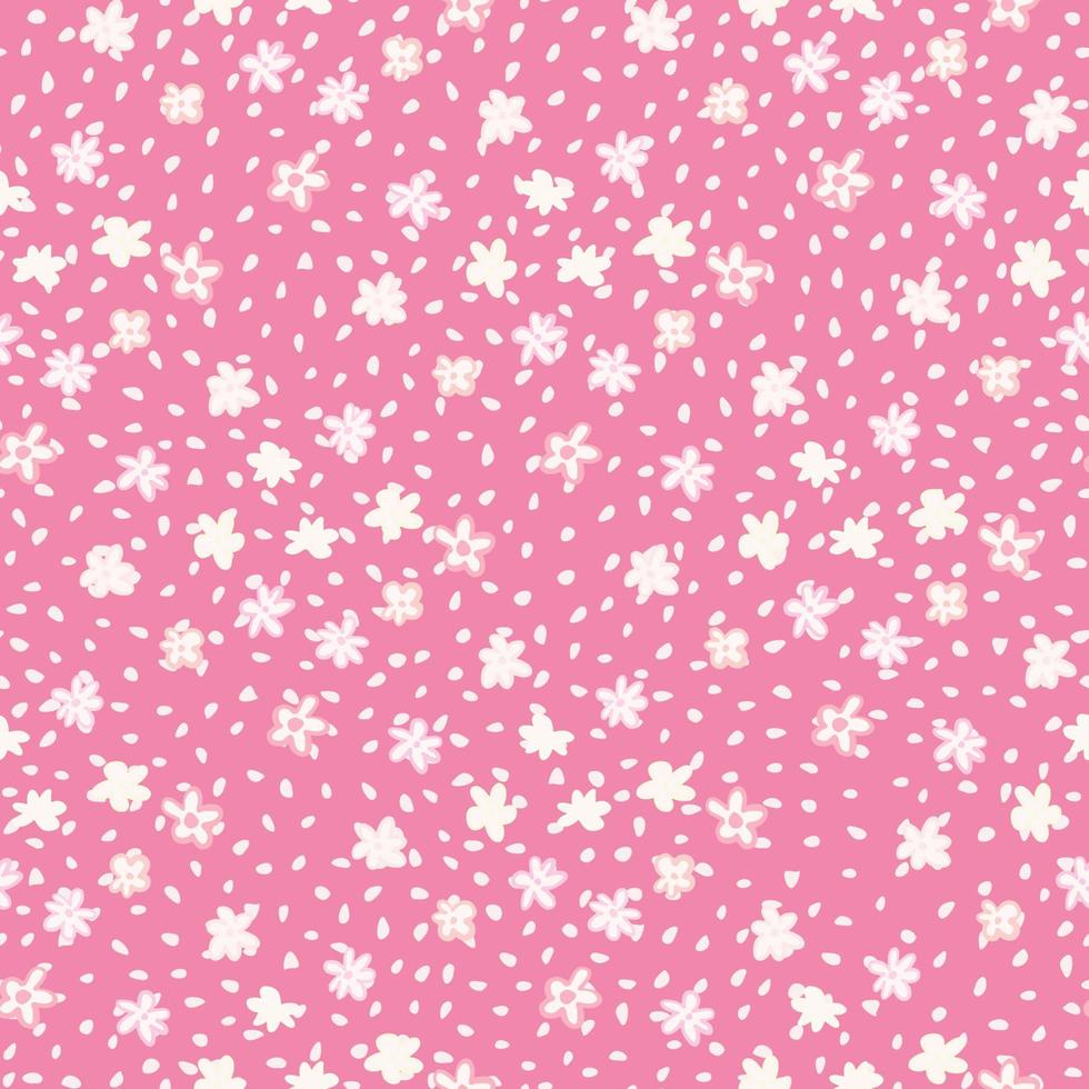 Little chamomile figures seamless pattern. Bright pink background with dots and white botanic elements. vector
