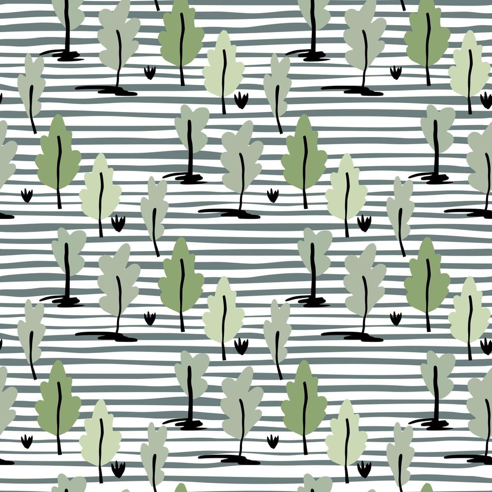 Botanic seamless doodle pattern with tree elements. Forest ornament in green and grey tones on stripped background. vector