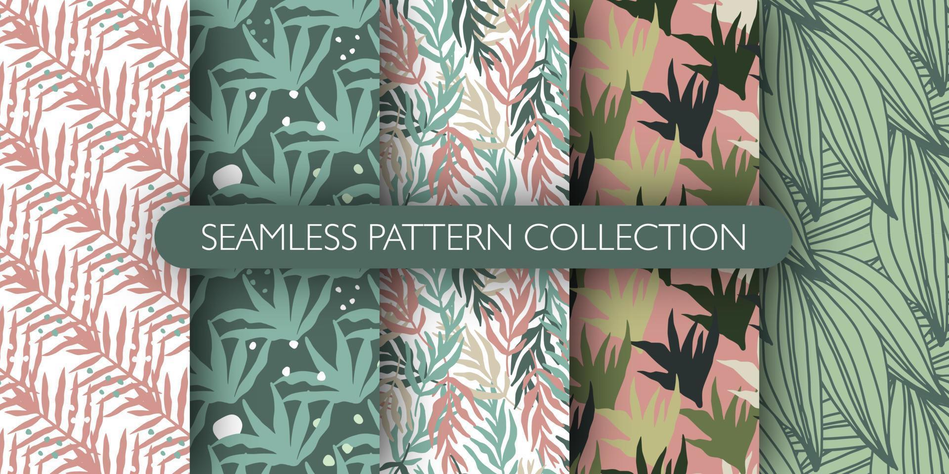 Set of abstract tropical leaves seamless pattern in doodle style. Jungle exotic leaf pattern collection. Botanical wallpaper. vector