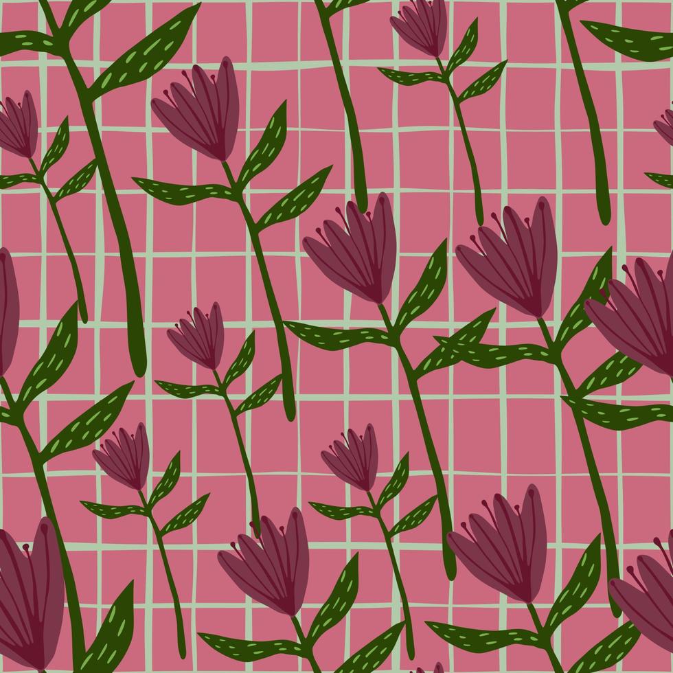 Random seamless pattern with tulip flowers figures. Pink background with check. Stylized hand drawn floral print. vector