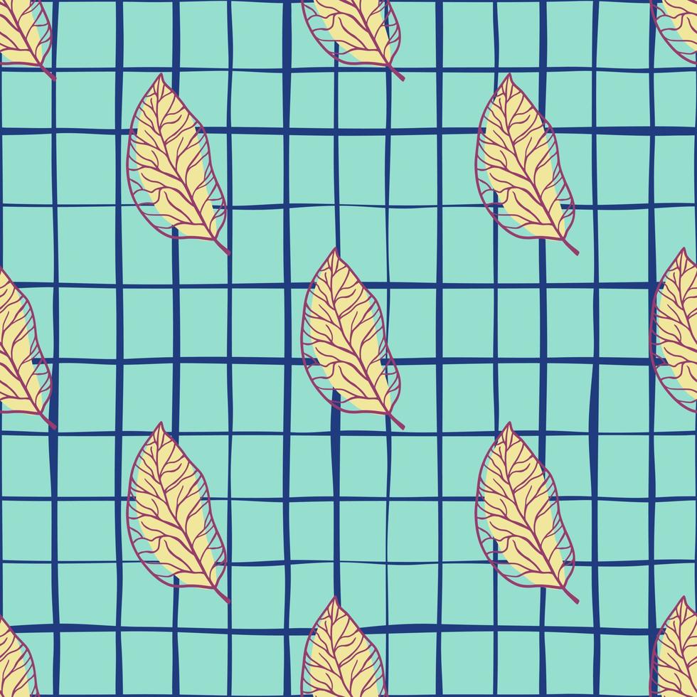 Light yellow leaf silhouettes seamless pattern. Contoured foliage on blue chequered background. vector
