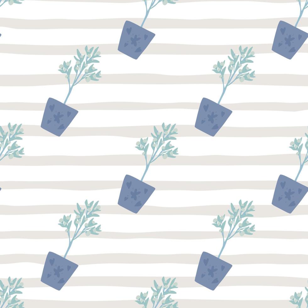 Blue houseplant elements seamless pattern. Light purple and white stripped background. vector