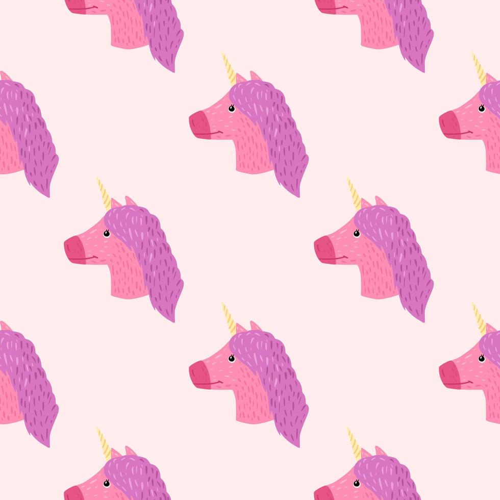 Cartoon childish seamless pattern with cute unicorn ornament. Fantasy kids artwork in purple and pink tones. vector