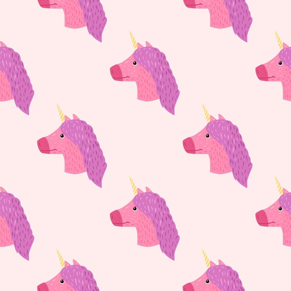 Cartoon childish seamless pattern with cute unicorn ornament. Fantasy kids artwork in purple and pink tones. vector