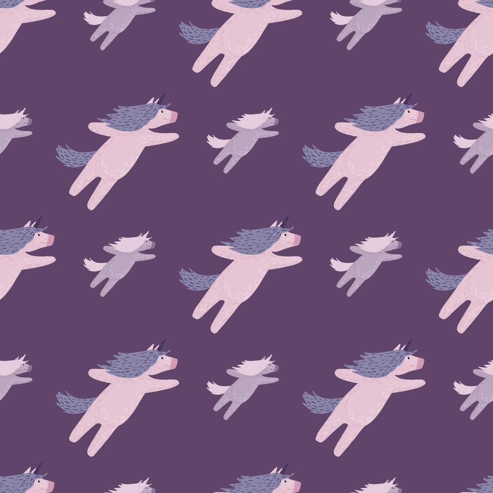 Fairytal seamless pattern with funny baby unicorn silhouettes. Purple pastel background. vector