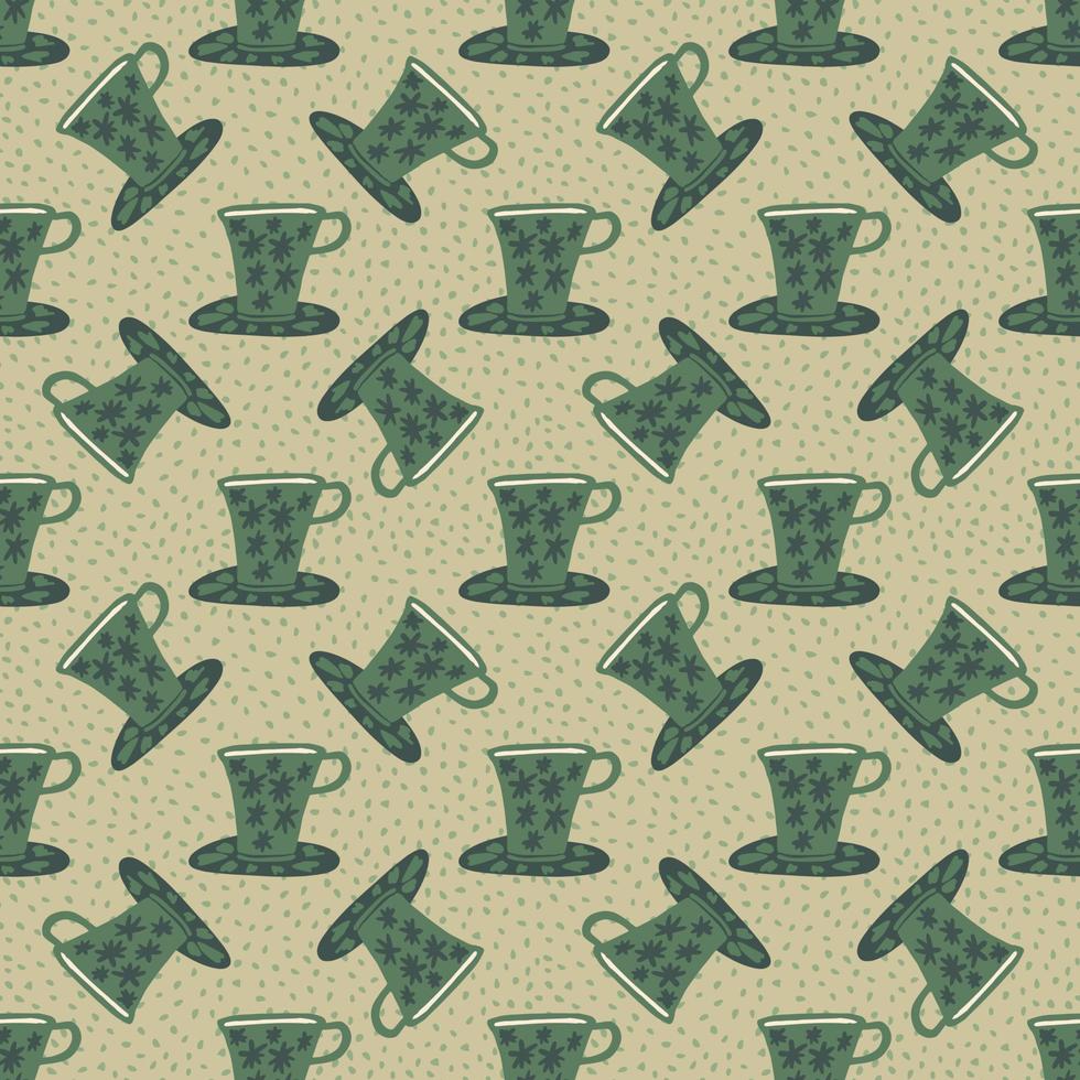 Pale seamless kitchen pattern with green cups. Beige background. Cafe dish print. vector