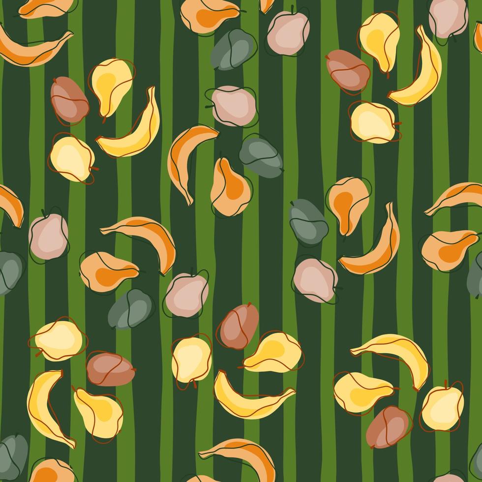 Tropical food abstract seamless pattern with colorful bananas, plums, pears and apples. Green striped background. vector