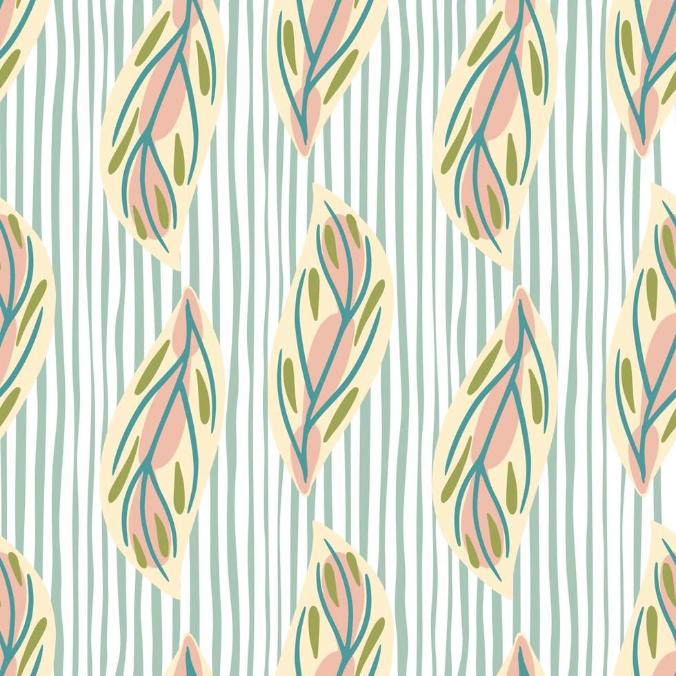 Hand drawn seamless pattern with pastel colorful leaf abstract ornament. Blue and white striped background. vector